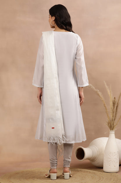 Grey Panelled Chanderi Kurta, Churidar And Dupatta Set