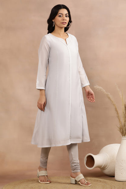 Grey Panelled Chanderi Kurta, Churidar And Dupatta Set