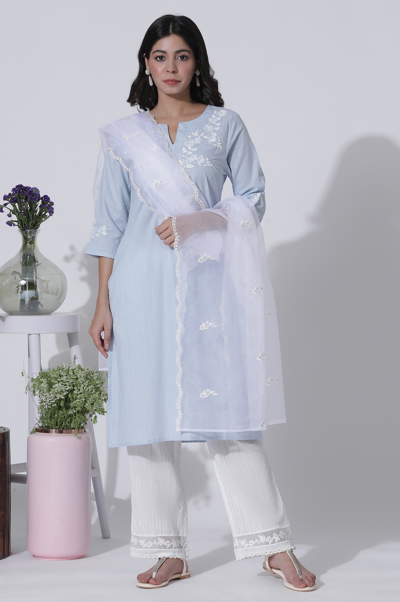 Blue A-Line Textured Cotton Embroidered Kurta, Pants With Dupatta Set