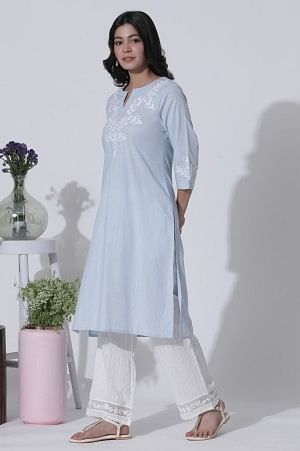 Blue A-Line Textured Cotton Embroidered Kurta, Pants With Dupatta Set