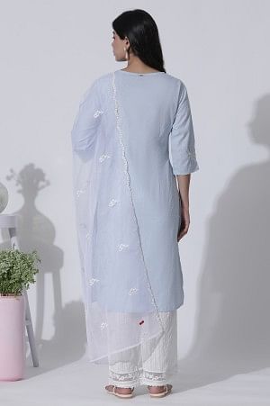 Blue A-Line Textured Cotton Embroidered Kurta, Pants With Dupatta Set