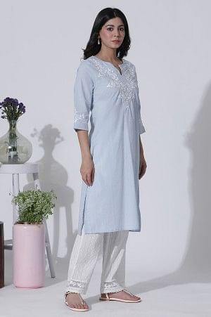 Blue A-Line Textured Cotton Embroidered Kurta, Pants With Dupatta Set