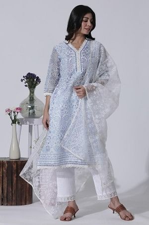 White &amp; Blue Floral Printed Kota Kurta, Pants And Brasso Dupatta