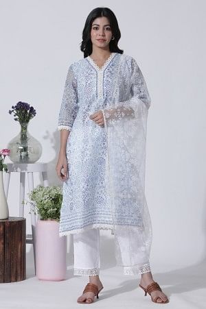 White &amp; Blue Floral Printed Kota Kurta, Pants And Brasso Dupatta