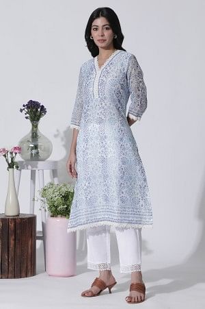 White &amp; Blue Floral Printed Kota Kurta, Pants And Brasso Dupatta