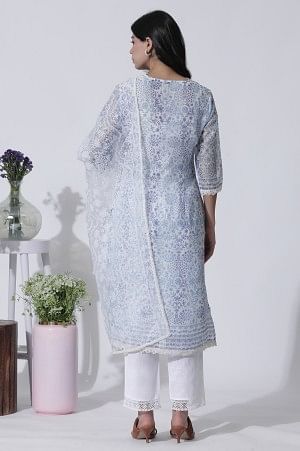 White &amp; Blue Floral Printed Kota Kurta, Pants And Brasso Dupatta