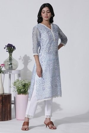 White &amp; Blue Floral Printed Kota Kurta, Pants And Brasso Dupatta