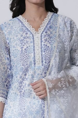 White &amp; Blue Floral Printed Kota Kurta, Pants And Brasso Dupatta