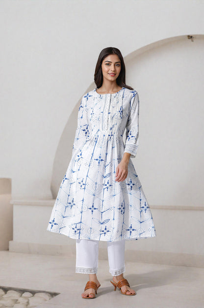 White Printed A-Line Cotton Kurta And Pants Set