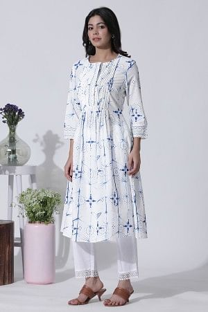 White Printed A-Line Cotton Kurta And Pants Set