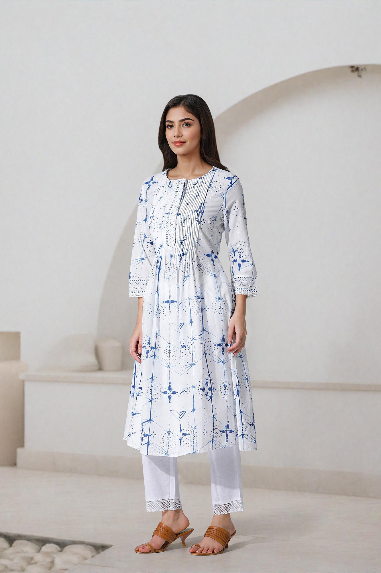 White Printed A-Line Cotton Kurta And Pants Set