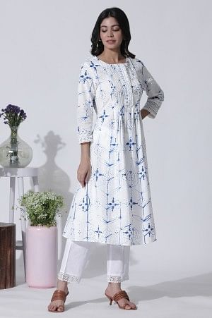 White Printed A-Line Cotton Kurta And Pants Set