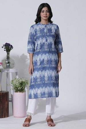 Blue Printed Tie-Dye Cotton Kurta And Straight Pants Set