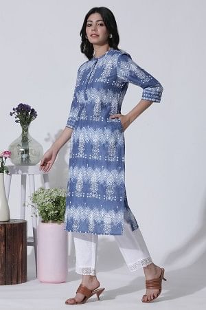 Blue Printed Tie-Dye Cotton Kurta And Straight Pants Set