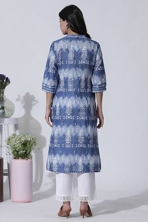 Blue Printed Tie-Dye Cotton Kurta And Straight Pants Set