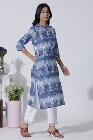 Blue Printed Tie-Dye Cotton Kurta And Straight Pants Set