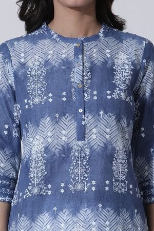 Blue Printed Tie-Dye Cotton Kurta And Straight Pants Set