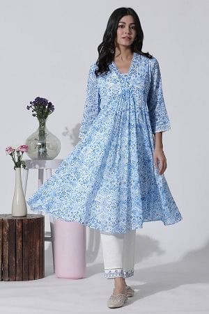 White &amp; Blue Printed Flared Cotton Kurta With Pants Set