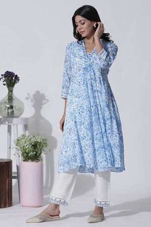 White &amp; Blue Printed Flared Cotton Kurta With Pants Set