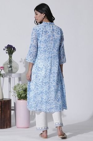 White &amp; Blue Printed Flared Cotton Kurta With Pants Set