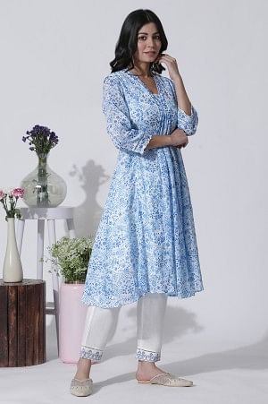 White &amp; Blue Printed Flared Cotton Kurta With Pants Set