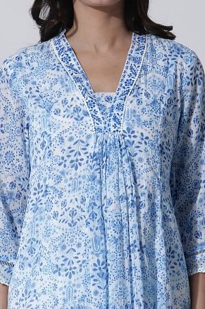 White &amp; Blue Printed Flared Cotton Kurta With Pants Set