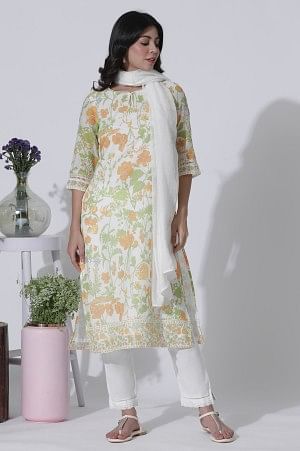 White Floral Printed Cotton Kurta, Pants With Dupatta Set