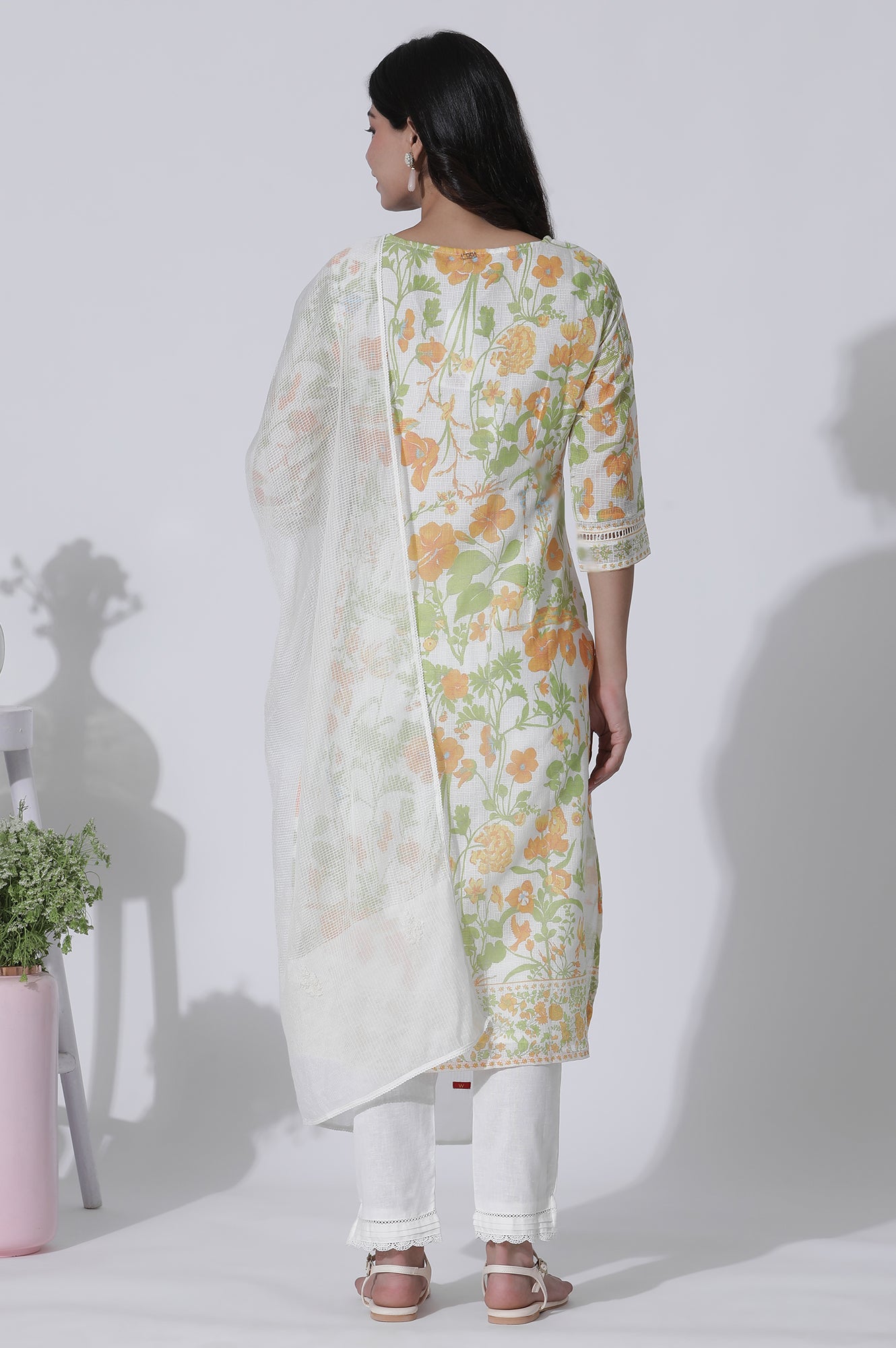 White Floral Printed Cotton Kurta, Pants With Dupatta Set