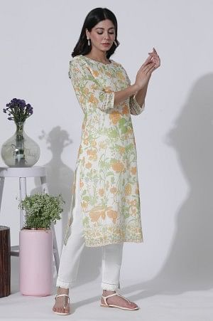 White Floral Printed Cotton Kurta, Pants With Dupatta Set