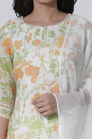 White Floral Printed Cotton Kurta, Pants With Dupatta Set