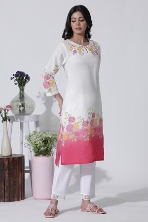 White &amp; Pink Ombre Floral Printed Cotton Kurta, Straight Pants And Kota Dupatta