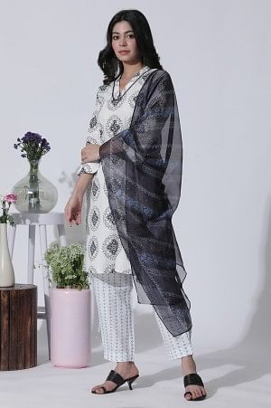 White Geometric Printed V-Neck Cotton Kurta, Salwar With Dupatta Set