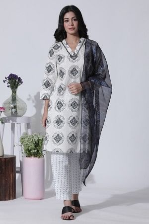 White Geometric Printed V-Neck Cotton Kurta, Salwar With Dupatta Set