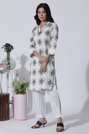 White Geometric Printed V-Neck Cotton Kurta, Salwar With Dupatta Set