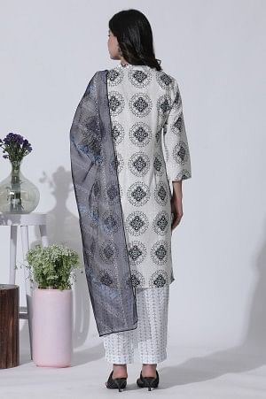 White Geometric Printed V-Neck Cotton Kurta, Salwar With Dupatta Set