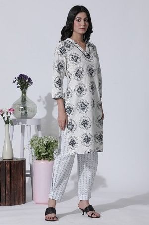 White Geometric Printed V-Neck Cotton Kurta, Salwar With Dupatta Set