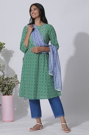 Green Printed A-Line Cotton Kurta, Pants With Dupatta Set