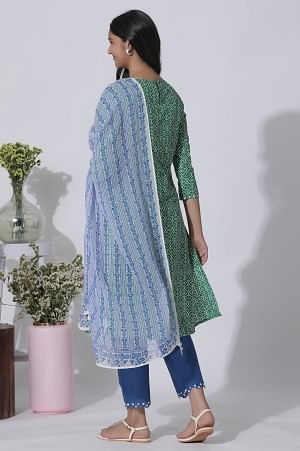 Green Printed A-Line Cotton Kurta, Pants With Dupatta Set