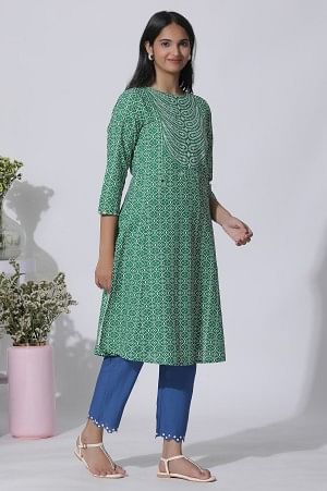 Green Printed A-Line Cotton Kurta, Pants With Dupatta Set