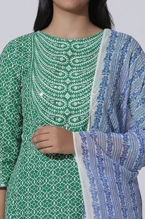 Green Printed A-Line Cotton Kurta, Pants With Dupatta Set