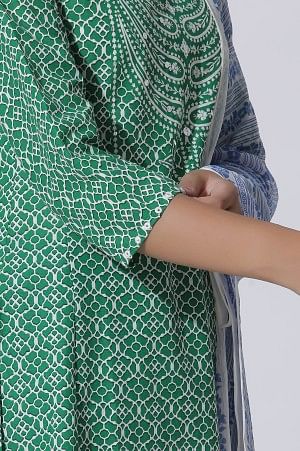 Green Printed A-Line Cotton Kurta, Pants With Dupatta Set