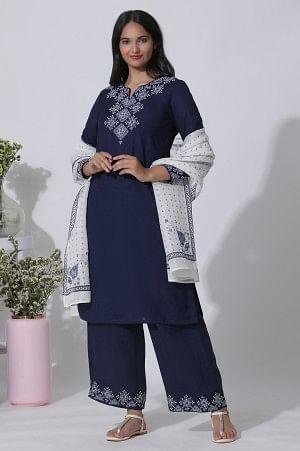 Blue Embroidered Straight Kurta, Parallel Pants With Dupatta Set