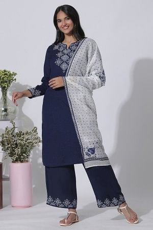 Blue Embroidered Straight Kurta, Parallel Pants With Dupatta Set