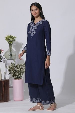 Blue Embroidered Straight Kurta, Parallel Pants With Dupatta Set