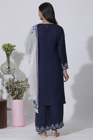 Blue Embroidered Straight Kurta, Parallel Pants With Dupatta Set