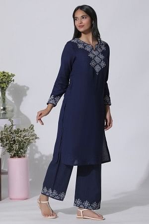 Blue Embroidered Straight Kurta, Parallel Pants With Dupatta Set