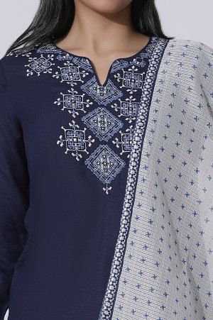 Blue Embroidered Straight Kurta, Parallel Pants With Dupatta Set