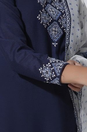 Blue Embroidered Straight Kurta, Parallel Pants With Dupatta Set