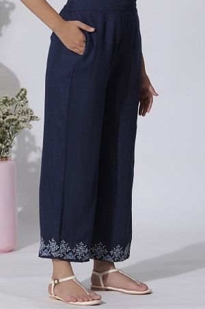 Blue Embroidered Straight Kurta, Parallel Pants With Dupatta Set