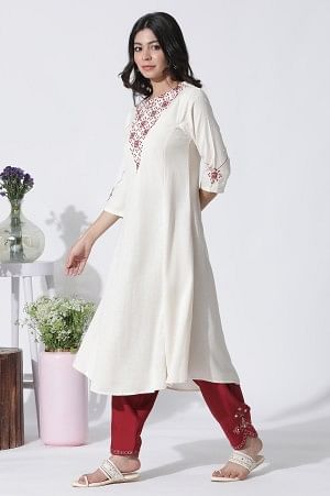 White Flared Mirror Work Kurta, Embroidered Salwar With Dupatta Set